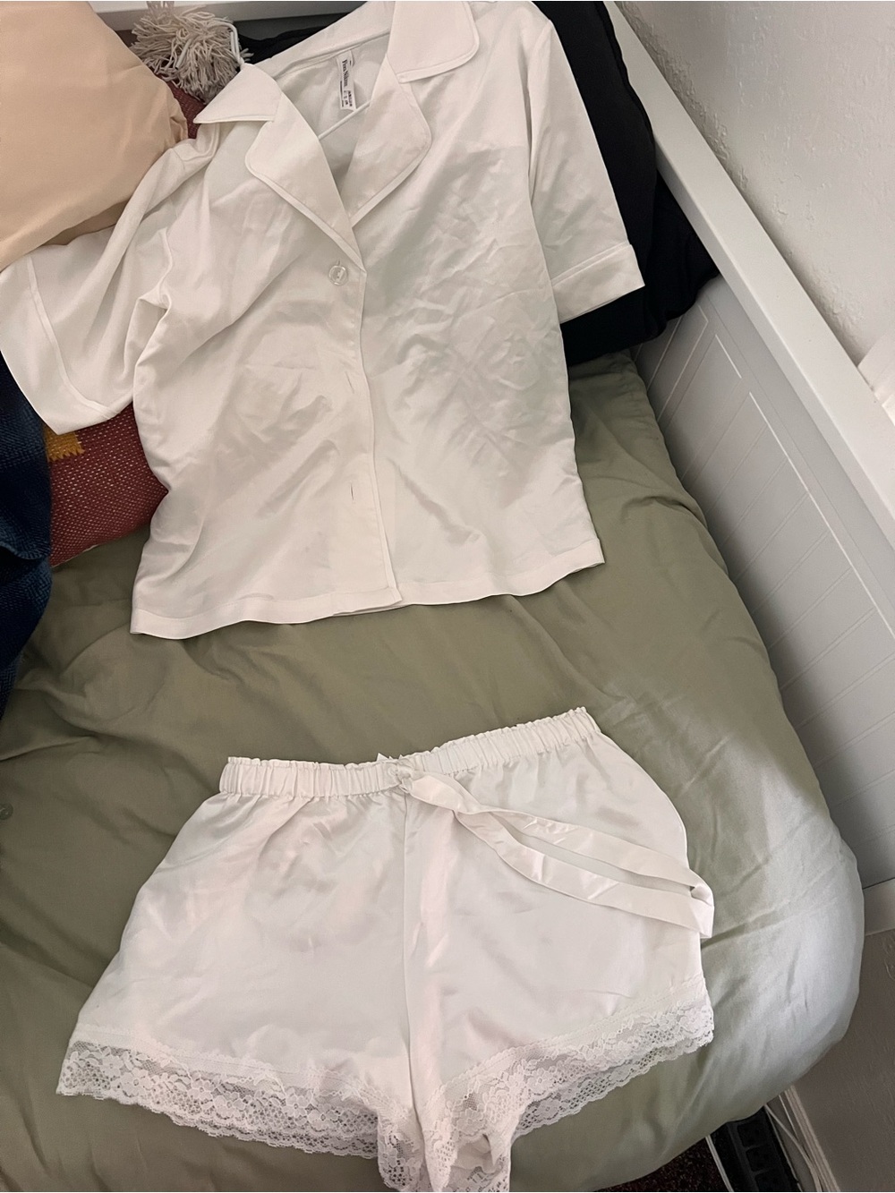 Anthropologie White Satin Short-Sleeve Pajama Set with Lace-Trim Shorts